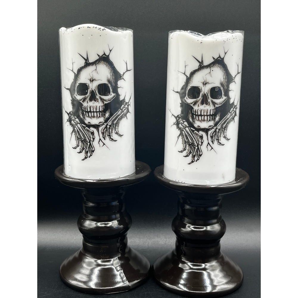 Skull Flameless LED Pillar Candles with Pedestal Bases Set of 2 Halloween‎ Decor